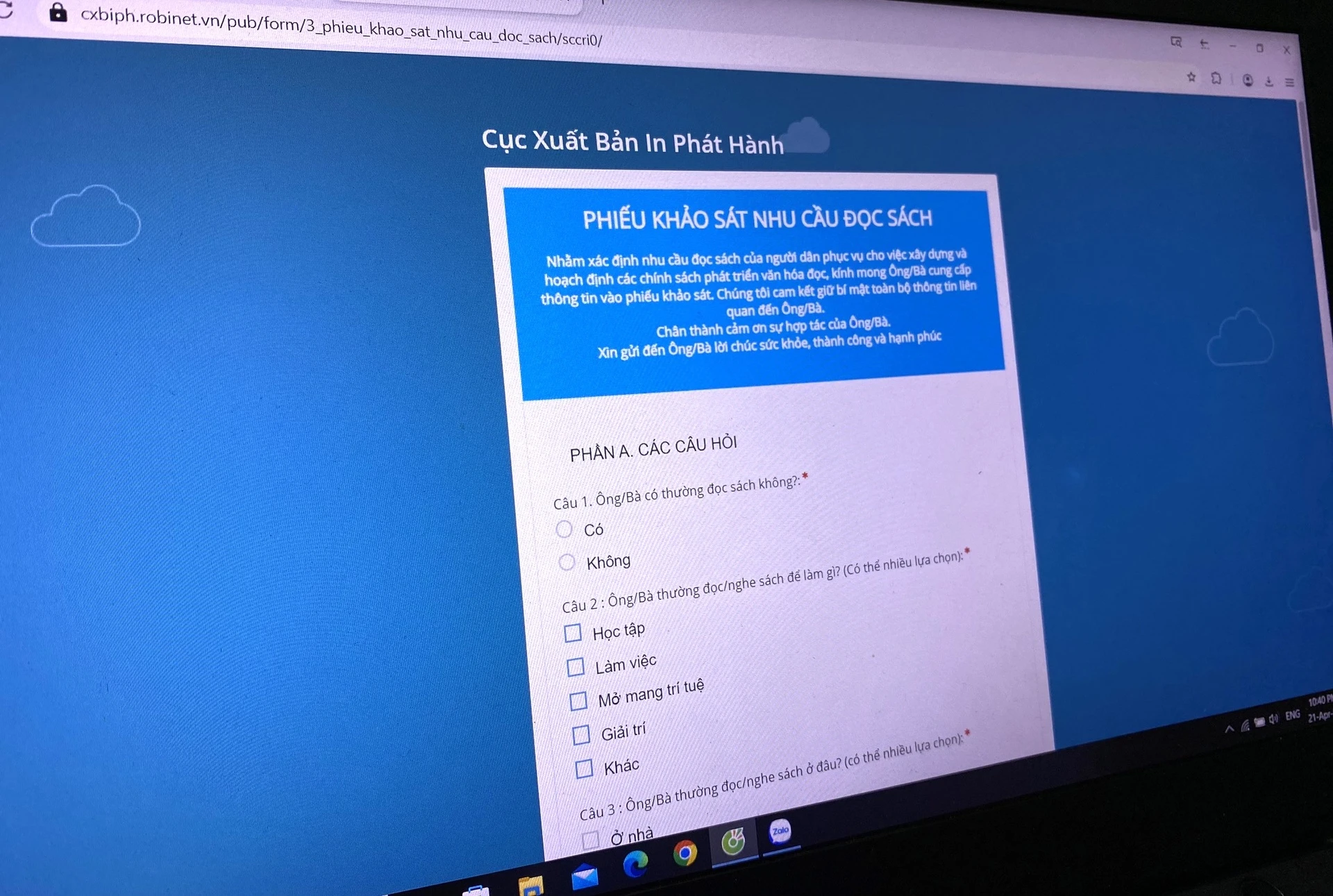 CỤC XUẤT BẢN KHẢO SÁT NHU CẦU ĐỌC SÁCH CỦA NGƯỜI DÂN